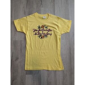 Vtg 70 80s Feminist Flowers Graphic TShirt Yellow Medium Single Stitch Funny USA